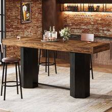 LITTLE TREE 180cm Rectangular Bar Table‑Industrial‑Metal Footrest‑Rustic Brown & Black‑Counter Height‑For Kitchen Dining Room Living Room Pub - Brownish Black - View 5