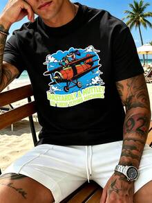 Vintage Cartoon Airplane Men's T-Shirt, Crew Neck, Relaxed Fit, Casual, Graphic Design. - Black - View 6