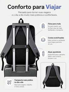Mochila Multifuncional para Notebook Resistente à Água Grande Capacidade Compartimento Acolchoado Bolsos Laterais Alças Ajustáveis Costas Respiráveis Faixa para Mala Trabalho Estudo Viagens - Preto - Visão 8