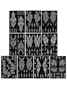10pcs Henna Tattoo Stencil - Mandala Floral Design Tattoo Template Stickers, Reusable Hollow Stencils For Daily / Wedding / Eid / Festival - Black - View 8
