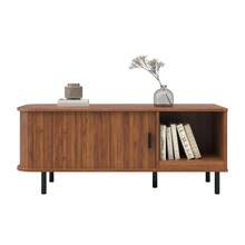 Coffee Table With Sliding Door, Modern Living Room Table With Storage Space, Rectangular Sofa Table With Slatted Look, Side Table With Open Storage Compartment For Living Room, 110 X 40 X 55 Cm - Brown - View 1
