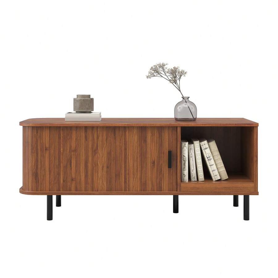 Coffee Table With Sliding Door, Modern Living Room Table With Storage Space, Rectangular Sofa Table With Slatted Look, Side Table With Open Storage Compartment For Living Room, 110 X 40 X 55 Cm - Brown - View 1