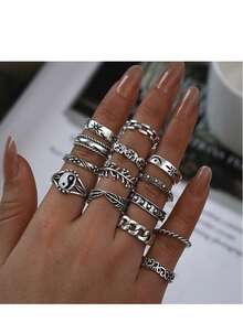 14pcs/Set Personalized Vintage Yin Yang Tai Chi Elephant Geometric Feather Leaf Rings - Tai Chi Elephant Geometric Feather Leaf Ring 14-piece Set - View 6