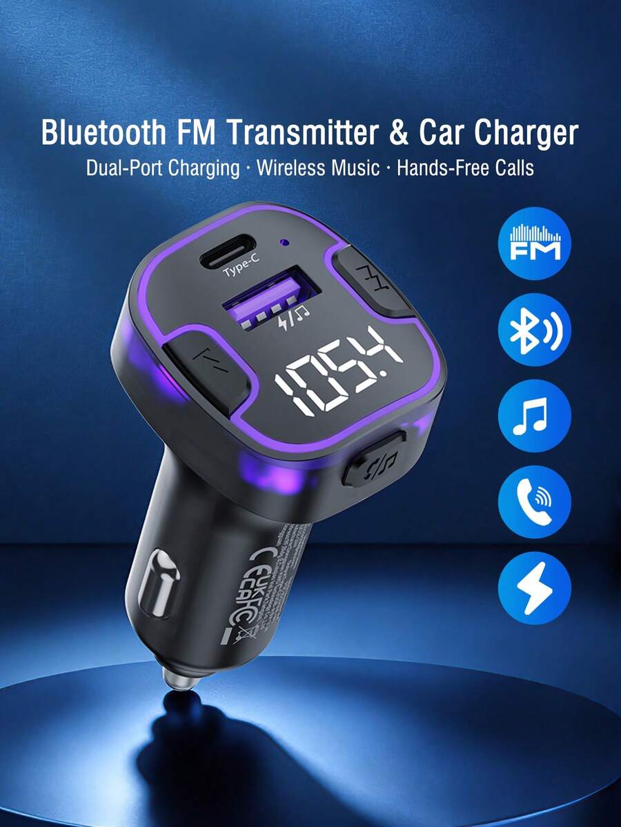 REMAX 藍牙FM發射器車用充電器，USB-C與USB-A雙埠輸出，支援無線與USB隨身碟音樂播放，內建高畫質麥克風免持通話，紫色氛圍燈，汽車配件，汽車必需品，汽車用品