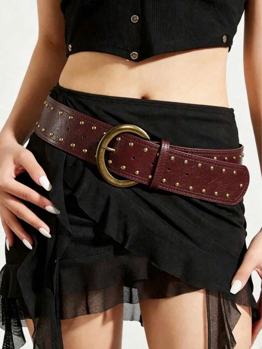 1件女款深色西部風重裝鉚釘寬腰帶,適合海灘穿搭 - 酒紅色 - 查看 1