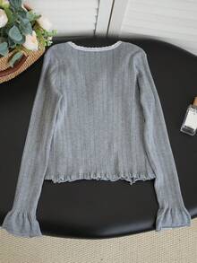 2pcs/Set Atasan Camisole Rajut Seksi & Kardigan Lengan Panjang, Trim Renda Transparan, Pita Ikat, Cocok Untuk Jalan-jalan, Berkomuter, Kencan Musim Gugur - bunga abu-abu - View 8