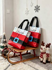 1/5PCS Customized Red Gift Bag For Christmas Day, Personalized With A Name, Featuring A Handle And Laser Element Design, Adorned With A Santa Claus Pattern. It'S A Party Tote Bag Made Of Non-Woven Fabric, Gift For Her/Him - Multicolor - View 9