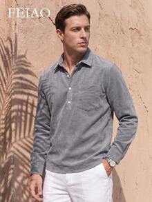 Men's Vintage Corduroy Long Sleeve Button-Down Shirt, Suitable For All Seasons, Casual Fashion - Grey - View 5