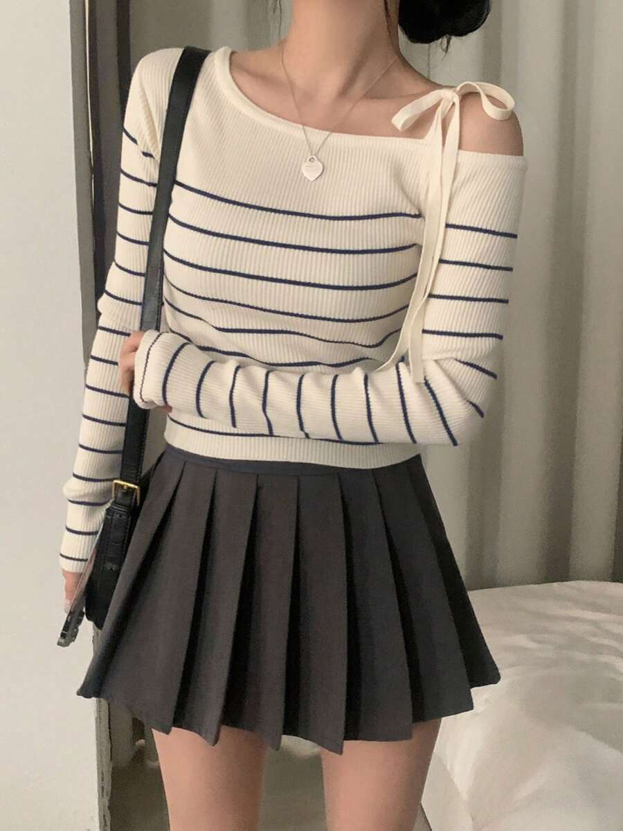 Sweater Rajut Serbaguna Kasual Elegan Musim Gugur/Dingin, Leher Asimetris, Bahu Terbuka, Motif Garis-garis dan Blok Warna, Potongan Acak - Aprikot - View 1