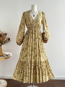 Rusttydustty Women's Vacation Style Elegant Garden Floral V-Neck Long Sleeve Dress - Yellow - View 2