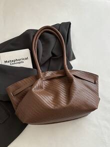 1pc Coffee Brown Summer New Metal Hardware Strap Decor Large Capacity Solid Color Woven Texture PU Tote Bag Women's Shoulder Bag - Coffee Brown - View 5