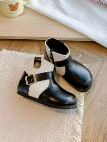 Vintage Patchwork Belt Buckle Kids Boots, Side Zipper Soft Sole Unisex Children's Short PU Boots - Black - View 6