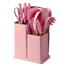 Jogo Cozinha 19 Peças Utensilios Tabua Faca Espatula Tesoura Escumadeira Concha Talher Acessorios Preparo Comida - Rosa Bebê - Visão 7