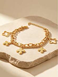 Letingsha 1pc Fashionable Stainless Steel Four-Leaf Clover Pendant Bracelet, Suitable For Women's Daily Wear - Yellow Gold - View 9