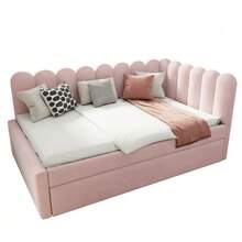 L-Shaped Upholstered Bed, 140x200 Cm Sofa Bed With Floral Backrest And Pull-Out Bed In Beige Velvet Fabric - Pink - View 12