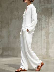 Women's White Non-Stretch 2 Pieces Casual Formal Wide Leg Pants Set, Suitable For Home Leisure, Travel And Vacation - White - View 4