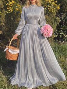 Women's Solid Color Long Sleeve Woven Full Body Lined Ruched Waist Back Tie A-Line Sexy Elegant Wedding Party Dress - Light Grey - View 2