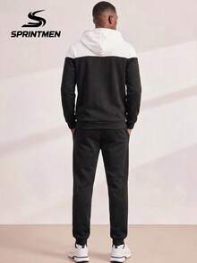 2pcs Black And White Colorblock Hooded Men's Jacket Set, Casual Sports Men's Outfit, Comfortable Long Sleeve Jacket And Pants Two Pieces Set, Men's Zipper Cardigan Jacket With Sports Pants, Side Zipper Pocket Design, Machine Washable, Suitable For Daily Commute And Travel - Black - View 6