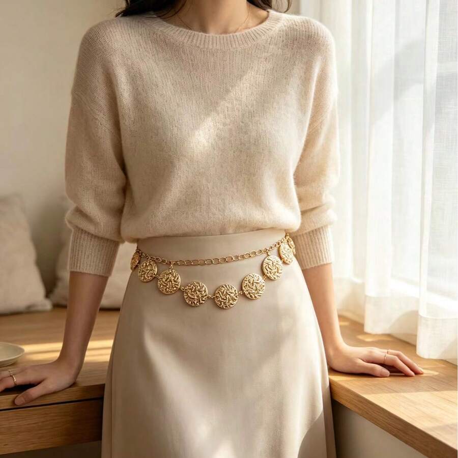 Bohemian Vintage Metal Waist Chain Belt For Women, Designer Niche Accessory, High-End Versatile Chain Belt With Paisley Pattern, Sexy Zinc Alloy Vintage Jewelry, Punk Style Hollow Floral Disc Waist Chain, Spring Summer Autumn Winter - Gold - View 1