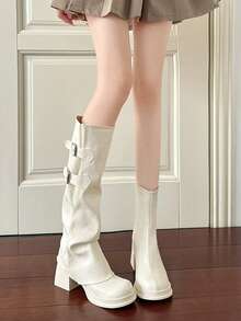 Women's Detachable 2-In-1 Thick Sole Platform Double Buckle Round Toe Chunky Heel Slouch Boots, Sweet Cool Motorcycle Style, Spring Autumn Winter Versatile Cream White PU Leather Riding Boots - Beige - View 5