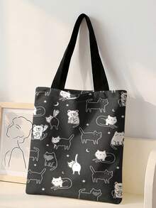 1pc Cartoon Cat Print Black Canvas Tote Bag, Lightweight Durable , Multi-Use Shoulder/Hand Bag For Students, Commuting & Daily Shopping - Black and White - View 13