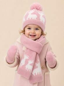 3pcs Deer Jacquard Knit Beanie, Scarf And Gloves Set, Warm For Autumn/Winter, Suitable For Daily, Outdoor, Christmas And New Year - Fawn - View 8