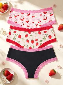 3pcs/Pack Sweet Strawberry Bow Print Lace Trim Comfortable Pink Women's Triangle Panties Set - Multicolor - View 2