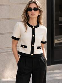 Short-Sleeved Blazers For Women Cropped Button Jacket Coat Summer Casual Office Outerwear Tops For Women - Beige - View 1