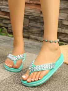 Light Luxury Rhinestone Webbing Wedge Flip Flops, Lightweight EVA Thick Sole Toe Strap Sandals, Versatile Beach Slippers For Women - Mint Blue - View 1