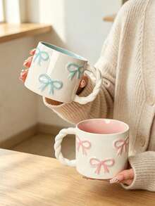 1pc Creative 3D Bow Shaped Ceramic Mug With Braided Handle, High-Quality Coffee/Milk Cup, Microwave Friendly, Perfect Gift For Girlfriends, Cute Girly Pink Water Cup - Multicolor - View 3
