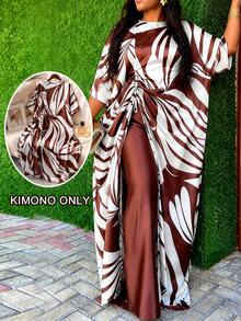 Women's African Print Maxi Dress, Brown & White Pattern, Round Neck, Short Sleeve, Draped Woven Kaftan Dress With Tie Detail Fall - Brown - View 3