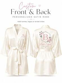 2pcs Customized Personalized Pajama Set Or Robe - Satin Bridal And Bridesmaid Robes, Comfortable Loungewear, Customized Name Wedding Robes, Embroidered Design, Exclusive Bridesmaid Attire, Personalized Satin Robe, Customized Bridal Gown, Lace Trim Robe - Multicolor - View 7
