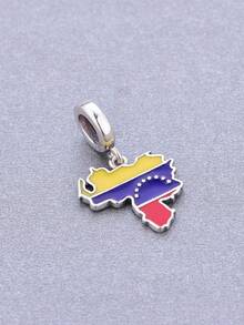 HuooNew 1pc S925 Sterling Silver Map Pendant With Large Hole For Beading, Colorful Epoxy Flag Inlay, Zirconia Stone, Double-Sided Engraving, DIY Bracelet Silver Accessory - Silver - View 2