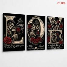 3 Pieces 2D Flat- Three Panels Spell LOVE With Sugar Skull Couples Red Roses And Romantic Phrases Themed Canvas Wall Art, Waterproof Canvas Prints Ready To Hang, Home Room Decor Gifts For Father's Day, Graduation, Birthday, 4th Of July - Framed - View 3