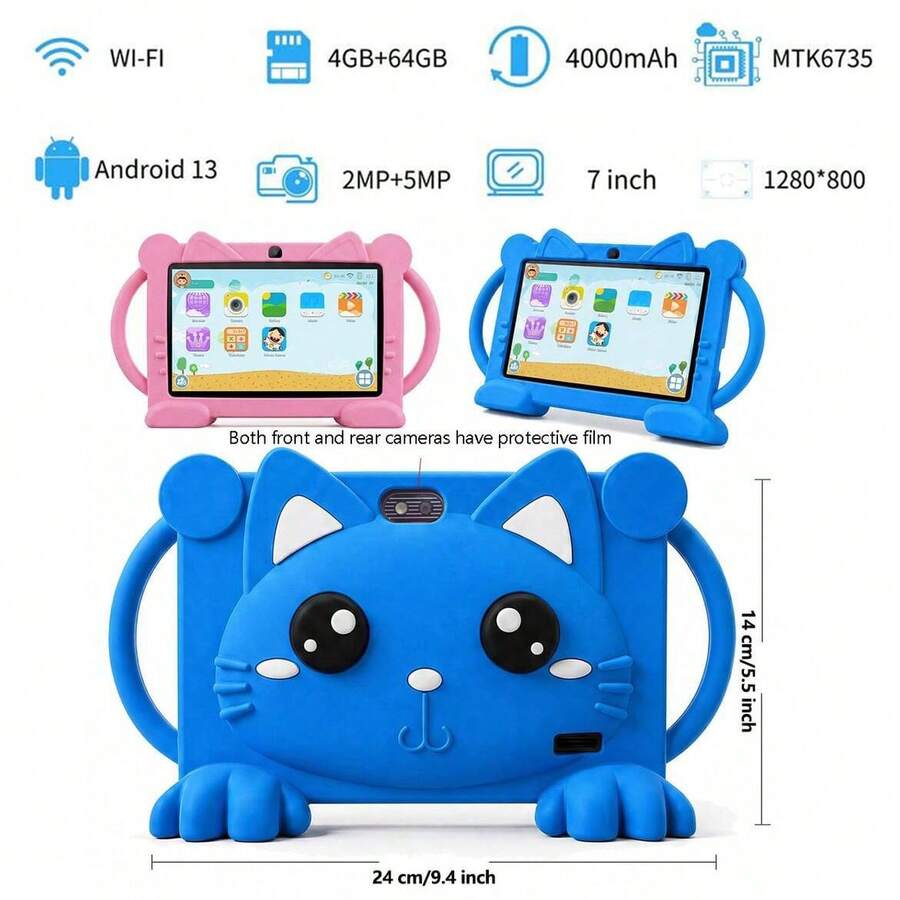 yesido Tablet 7 inci dengan RAM 4GB + ROM 64GB / Prosesor Quad-Core 1.3GHz / Android 13 MTK8321 / Layar IPS HD 1280x800 / Kamera 2MP+5MP / Baterai 4000mAh / WiFi, Kontrol Orang Tua, Edukasi, Game / Bahan ABS + Silikon, Tablet Edukasi