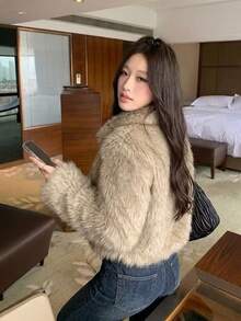 Winter Soft & Cozy Faux Fur Lapel Coat - Camel - View 2