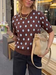 Polka Dot Pattern Short Sleeve Knit Top - Brown - View 5
