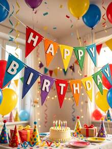 Colorful Felt Birthday Triangle Bunting Garland, Pre-Assembled (Not For Individual Wear), Includes "Happy Birthday" Letter Banner, Double-Layer Design, Suitable For Birthday Party Decoration - A - View 1