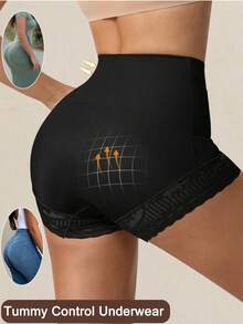 1pc Women's Cross Pressure High Waist Lace Panties, Tummy Control, Butt Lift, Breathable & Lightweight, Everyday Underwear - Black - View 4