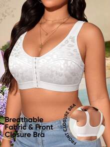 MEIYATING 1pc Plus Size Women's Front Closure Wireless Sports Bra, Supportive Push-Up Back-Flattering Leopard Print Bra, Breathable Comfortable Everyday Wear - White - View 4