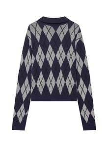DEEKA Autumn/Winter New Women's European And American Style Fashion Minimalist Preppy Diamond Knit Cardigan Top - Navy - View 3