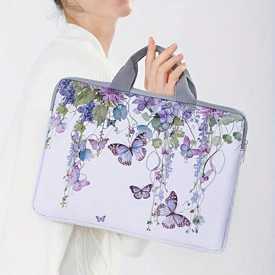 14 Inch Soft Polyester Floral And Butterfly Printed Laptop Case-Zipper Laptop Case For Office, University, Daily Commute - B - View 1