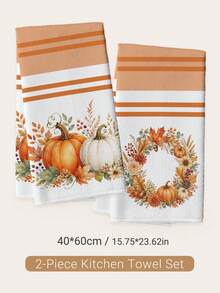 2pcs Autumn Fruit Pumpkin Wreath Pattern Kitchen Towels, Soft Polyester Material Dish Cloths, Suitable For Kitchen Decoration, Kitchen Cleaning, Holiday Party Decor, Kitchen Bathroom Supplies Home Essentials, Home Decor, Housewarming Gift - Multicolor - View 3