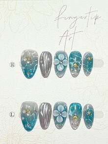 10片冰藍貓眼海洋風3D浮雕花卉金屬海星貝殼夏季亮色杏仁形美甲貼片 可拆卸可重複使用美甲用品（含1片果凍貼+1片指甲锉） - 藍色 - 查看 4