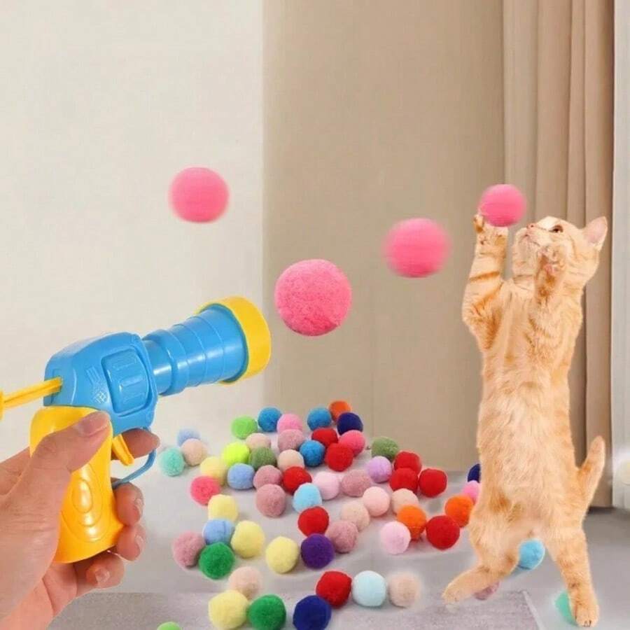20/30pcs Interactive Cat Plush Ball Launcher Toy Set, Soft Plush Ball Launcher With 1 Launcher, Suitable For Indoor Cat Exercise (Random Color)