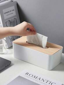 1pc Minimalist Wooden Lid Plastic Tissue Box, Black & White Dual Color Optional, Suitable For Home Dining Table, Office, Hotel Guest Room, Restaurant Tabletop Tissue Box Decoration - Multicolor - View 11