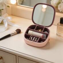 1pc Mini Portable Travel Jewelry Box With Mirror, Cute Girl Jewelry Storage Box For Necklace, Earrings, Rings, Jewelry Organizer - Multicolor - View 8