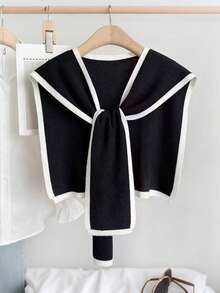 Women's Contrast Trim Knit Shawl, College Style Sailor Collar Front Tie Decor Cape, Casual Versatile Outerwear, Suitable For Daily Shirt Dress Layering - Black - View 8