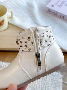女童花卉裝飾踝靴，側拉鍊軟底復古公主風PU靴 - 米色 - 查看 11