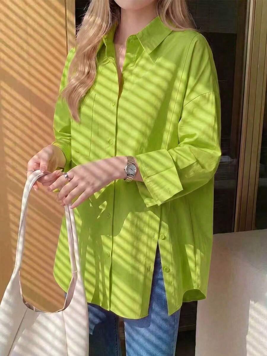 大尺碼女款純色前扣口袋長袖襯衫,休閒百搭上衣,適合春、秋、夏,黃色 - 青檸色 - 查看 1